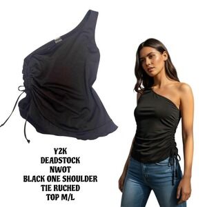Y2K DEADSTOCK NWOT BLACK ONE SHOULDER RUCHED TOP BLOUSE M/L